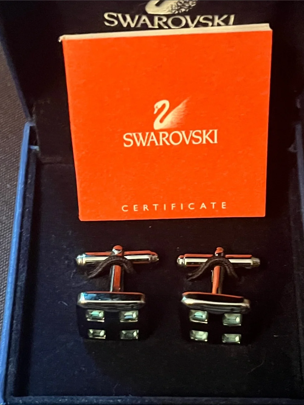 Swarovski Swan Cuff Links  Blue Crystals Gunmetal Tone Signed NOS